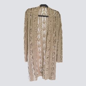JJill Long Crocheted Cardigan with Covered Buttons Size Small